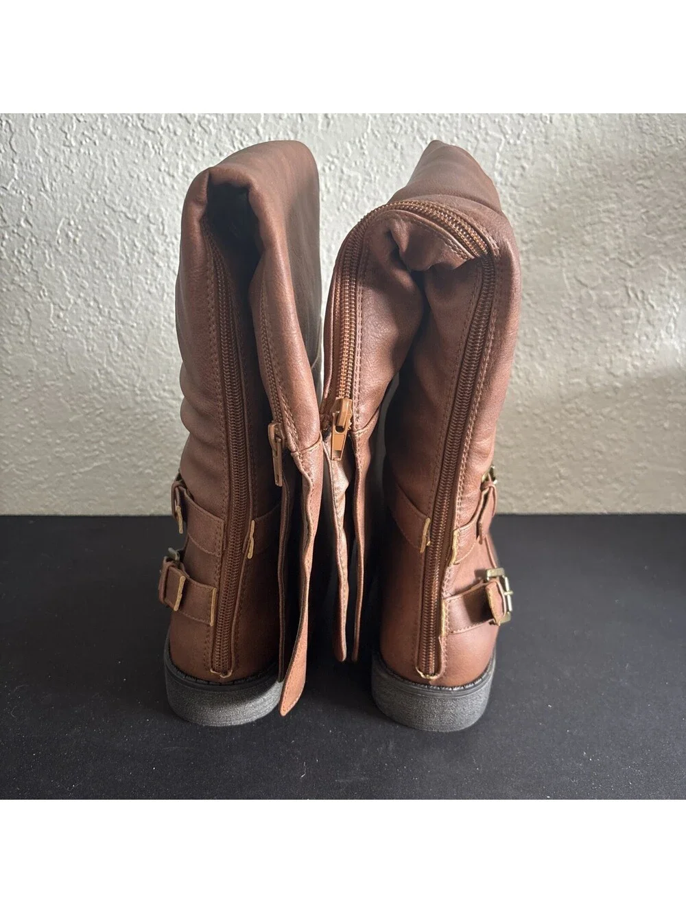 Marit WC Brown Riding Boots Slouch Knee High Double Buckle Strap Size 9